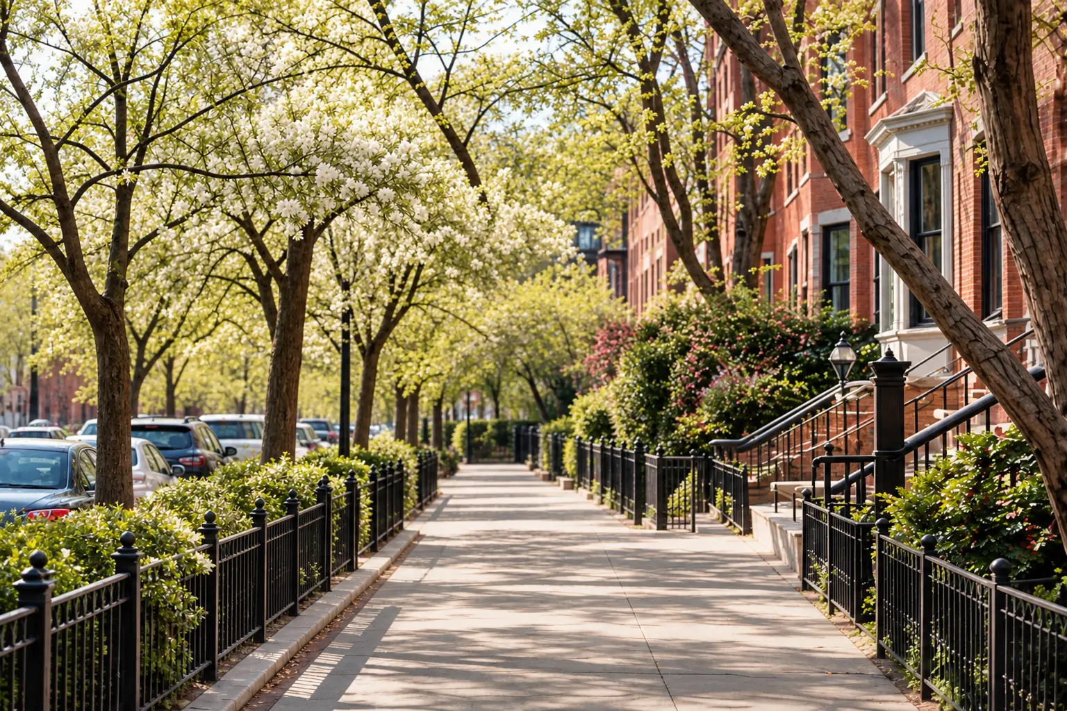 A tree-lined Boston street with brick brownstones and trees in spring bloom